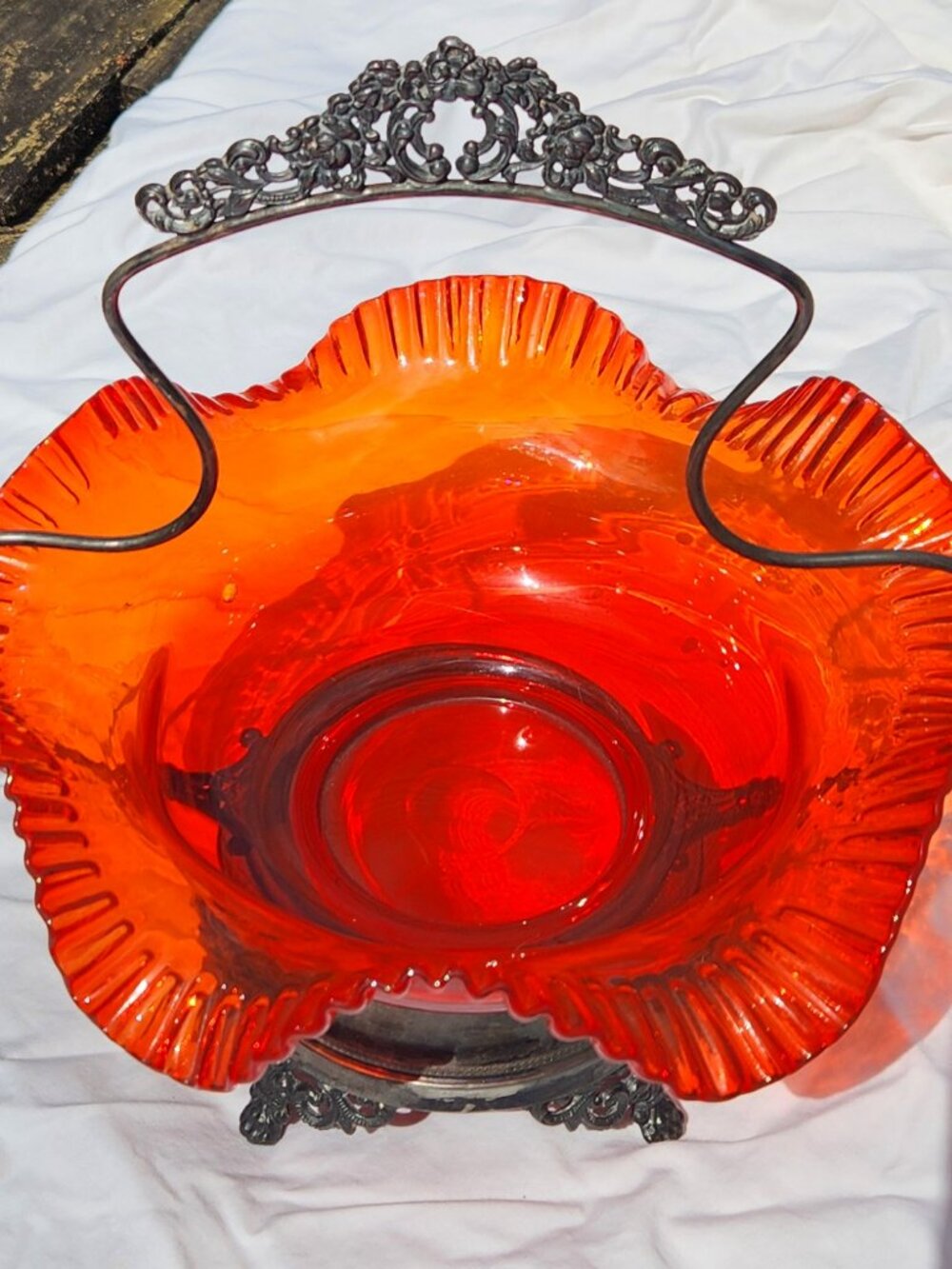Victorian Bride’s Basket Silverplate Red-Orange Satin Glass Ruffled Pontil